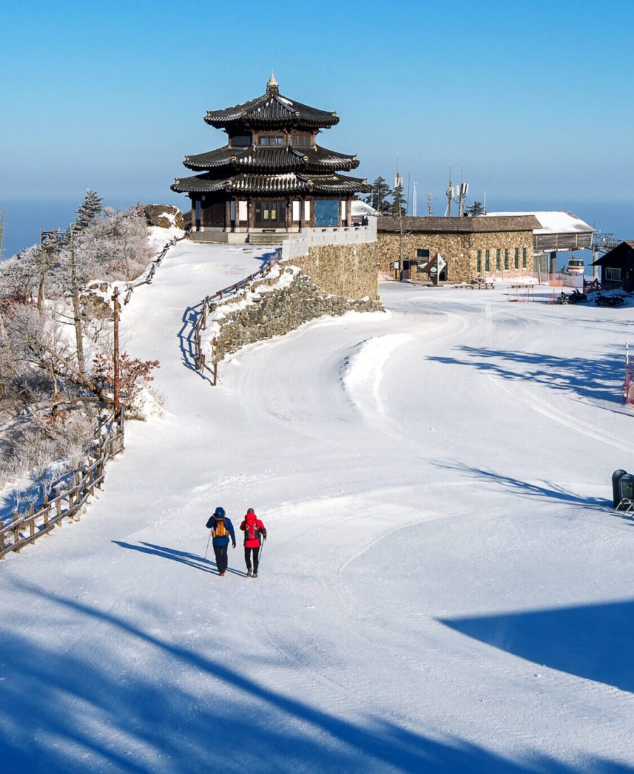 Backpacker on Deogyusan mountains in winter.