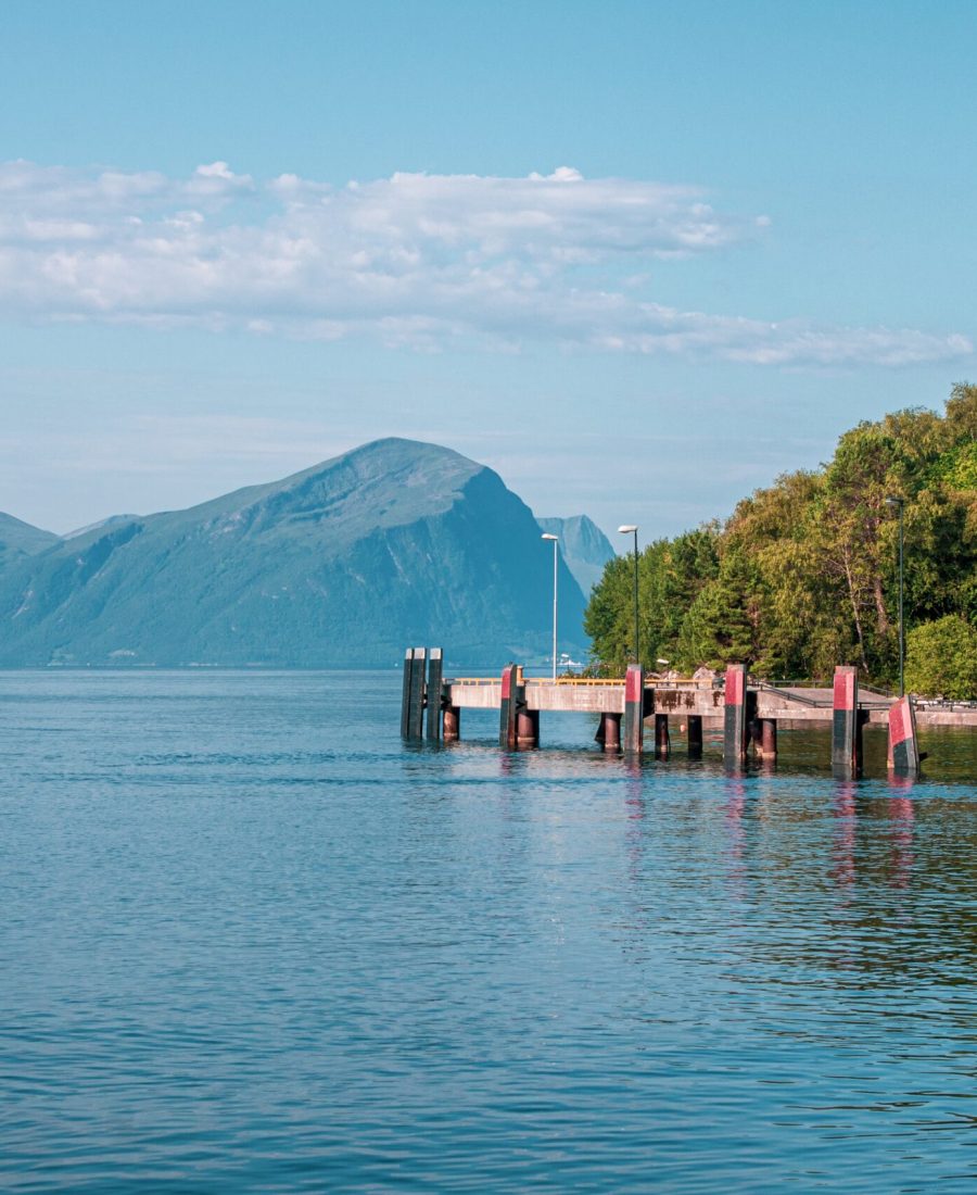 A beautiful shot of a pier on the sea near a tree forest surrounded by high mountains in Norway